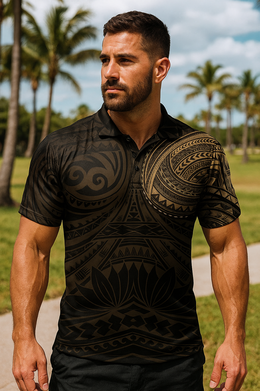 Man wearing the Tribal Pattern Polo Shirt