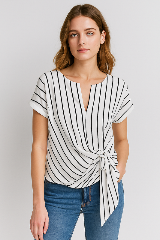 Woman wearing the Casual V-Neck Striped Blouse