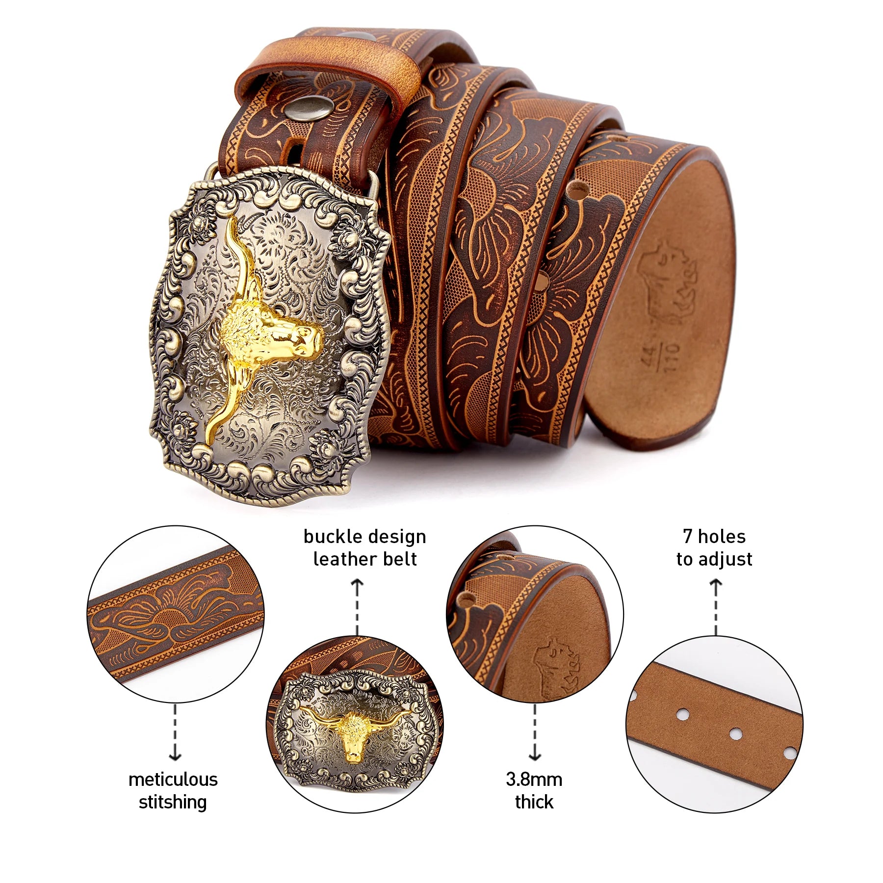 Western Longhorn Leather Belt